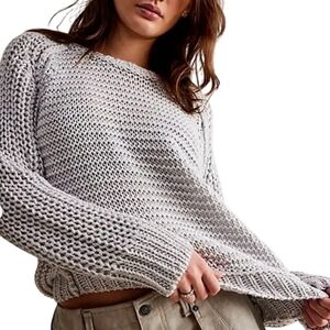 We The Free Textured Knit Linen Crew Sweater in Light Gray Size Small